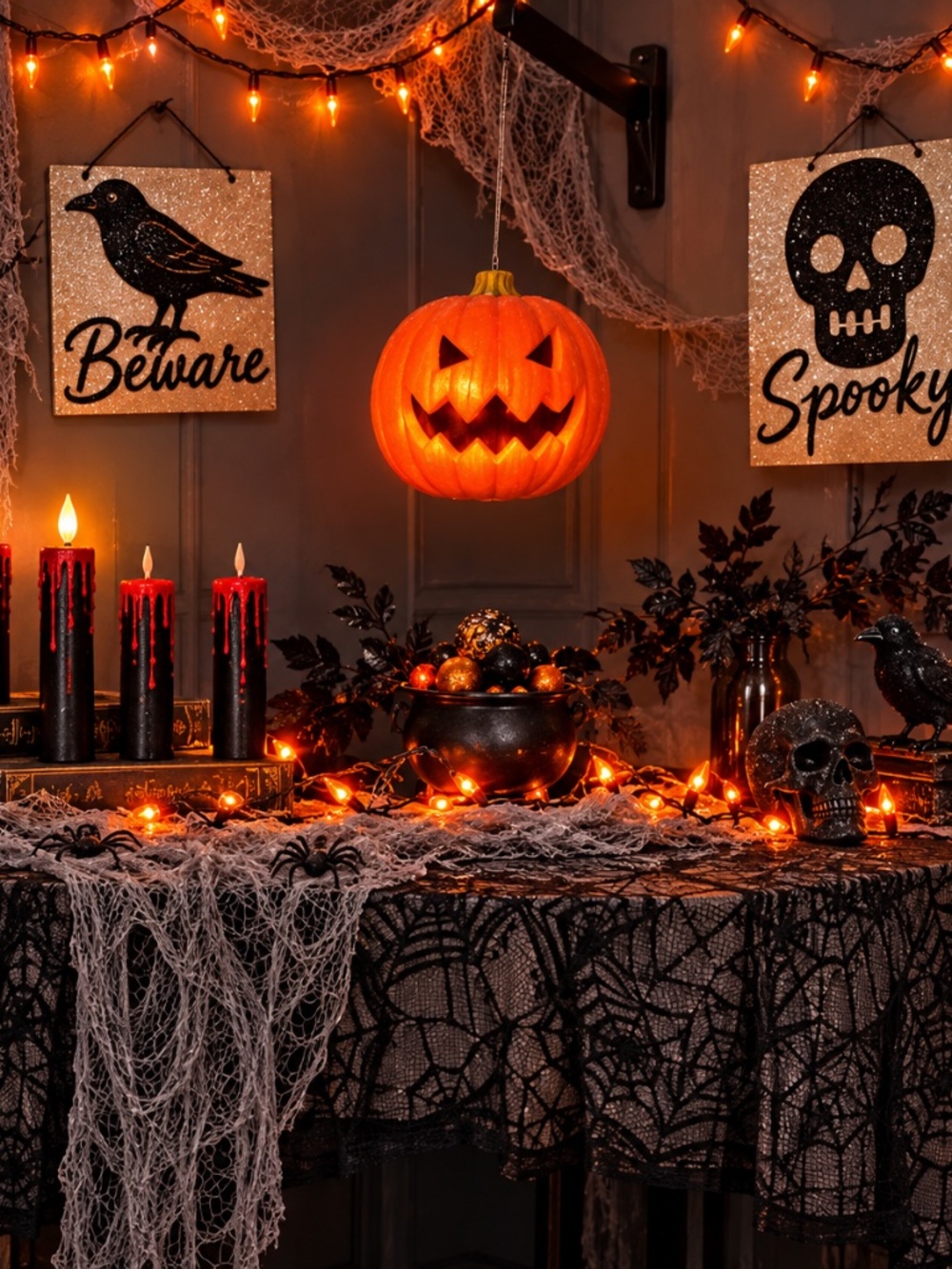 Halloween Decor Lot - Orange Lights, floating pumpkin hanger, spooky signs etc